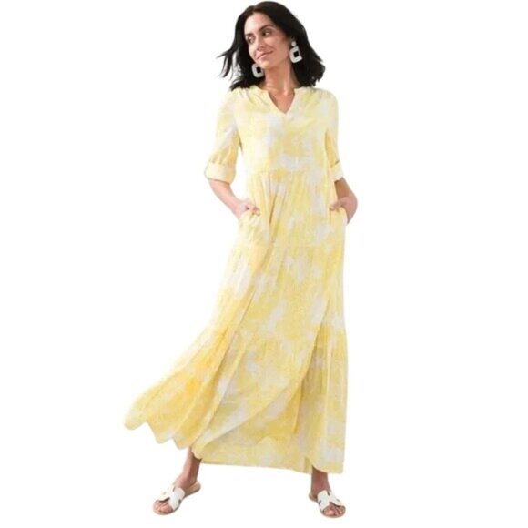 Chicos Maxi Dress Size 12/14 Tiered Paisley Print 3/4 Sleeve White Yellow Boho - Picture 1 of 9
